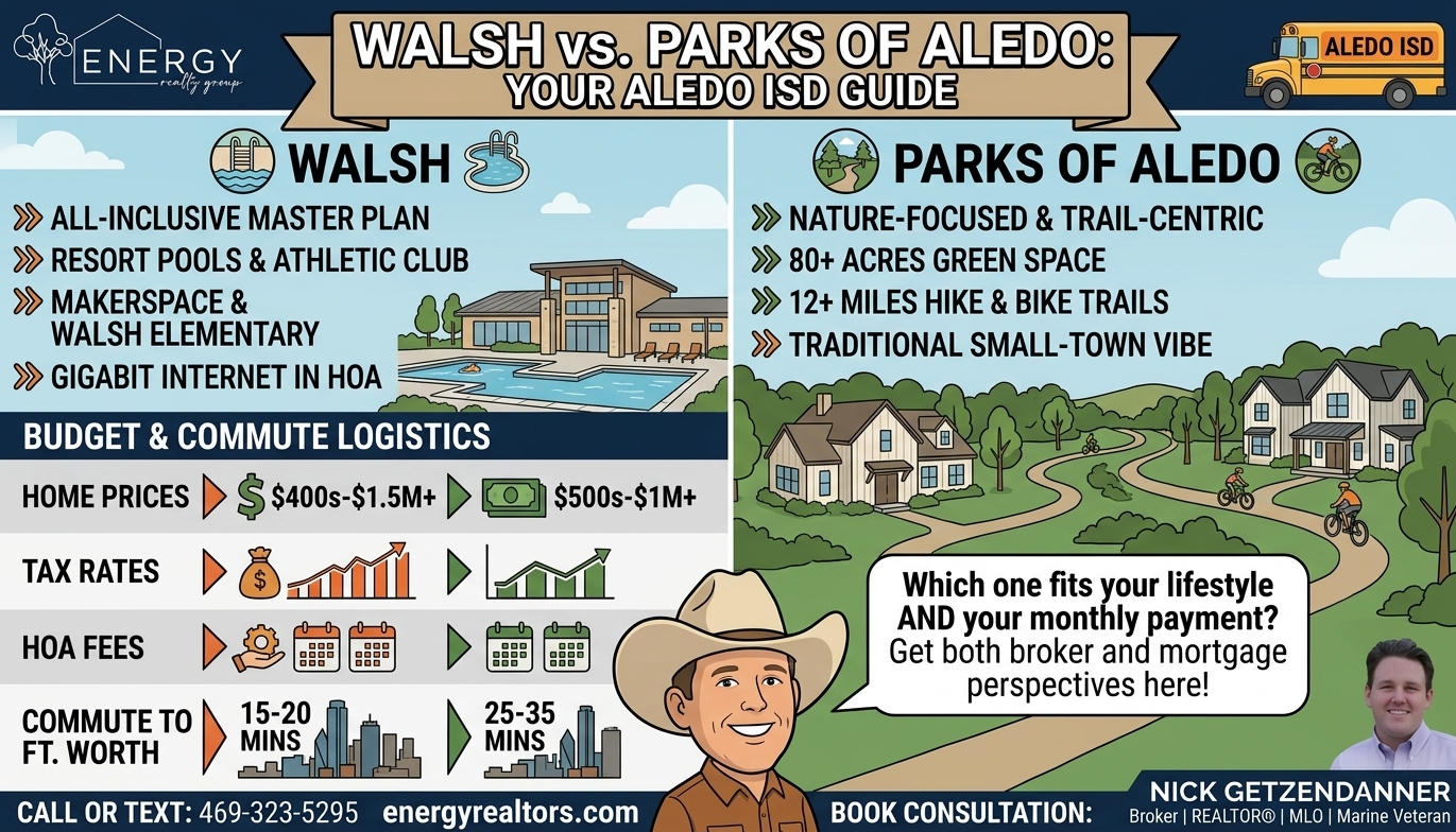 Walsh vs Parks of Aledo real estate comparison guide by Energy Realty Group Broker Nick Getzendanner, outlining Aledo ISD home prices, amenities, and mortgage perspective.