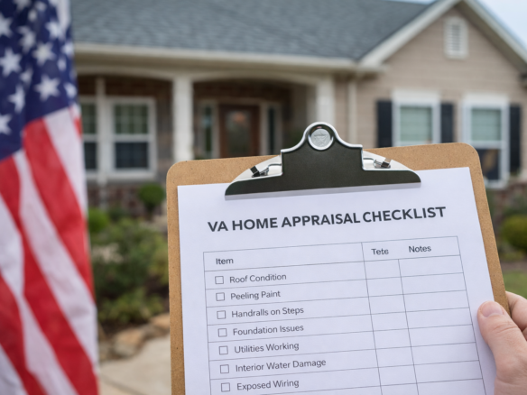 VA home appraisal checklist on clipboard in front of house with American flag, representing VA loan property inspection requirements
