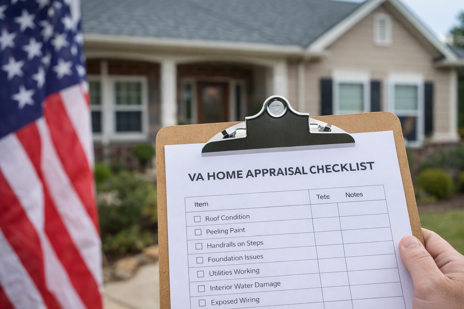 VA home appraisal checklist on clipboard in front of house with American flag, representing VA loan property inspection requirements