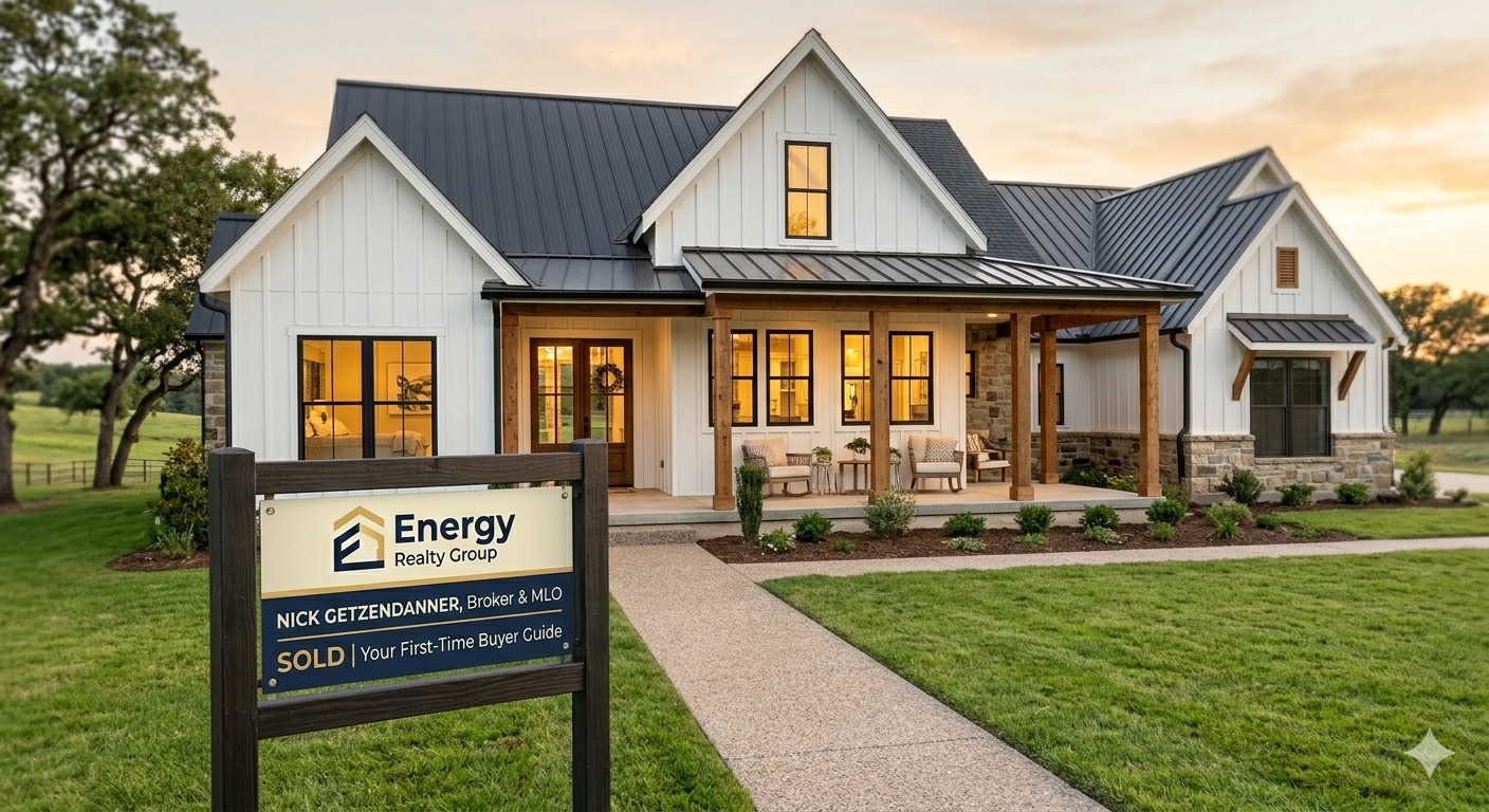 Weatherford TX modern farmhouse real estate listings and sold sign for first-time buyers.