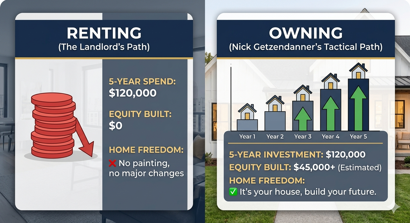 Renting vs Owning equity growth comparison infographic for first-time buyers in Fort Worth North Texas.