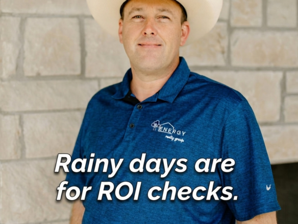 A photograph of Nick Getzendanner, a Broker, REALTOR®, MLO, and Marine Veteran, standing in a blue patterned polo shirt and white cowboy hat against a stone wall. Text overlay on his chest reads: "Rainy days are for ROI checks."