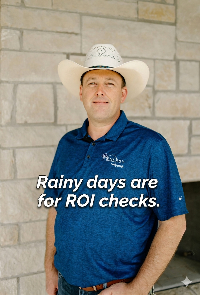 A photograph of Nick Getzendanner, a Broker, REALTOR®, MLO, and Marine Veteran, standing in a blue patterned polo shirt and white cowboy hat against a stone wall. Text overlay on his chest reads: "Rainy days are for ROI checks."