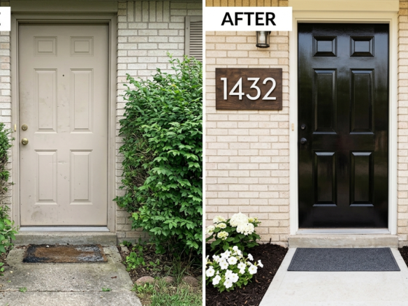 Before and after of a Fort Worth front door renovation featuring a black painted door, fresh mulch, and a custom laser-cut modern house number plaque from Getz It Done Studio.