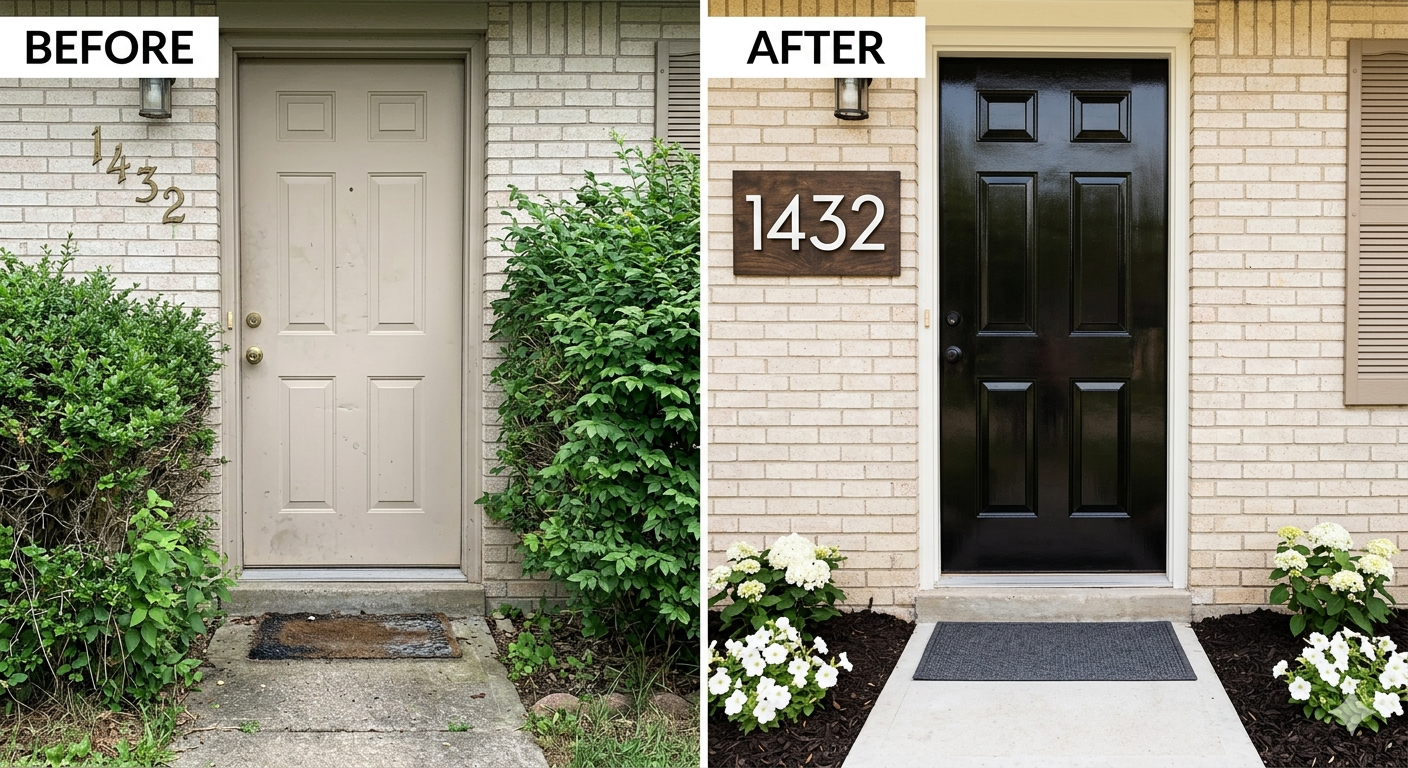 Before and after of a Fort Worth front door renovation featuring a black painted door, fresh mulch, and a custom laser-cut modern house number plaque from Getz It Done Studio.