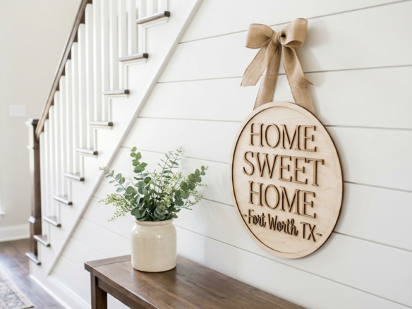 Modern farmhouse entryway staging in Weatherford TX featuring a white shiplap wall and a handmade laser-cut wooden Home Sweet Home sign by Getz It Done Studio with a natural ribbon hanger.