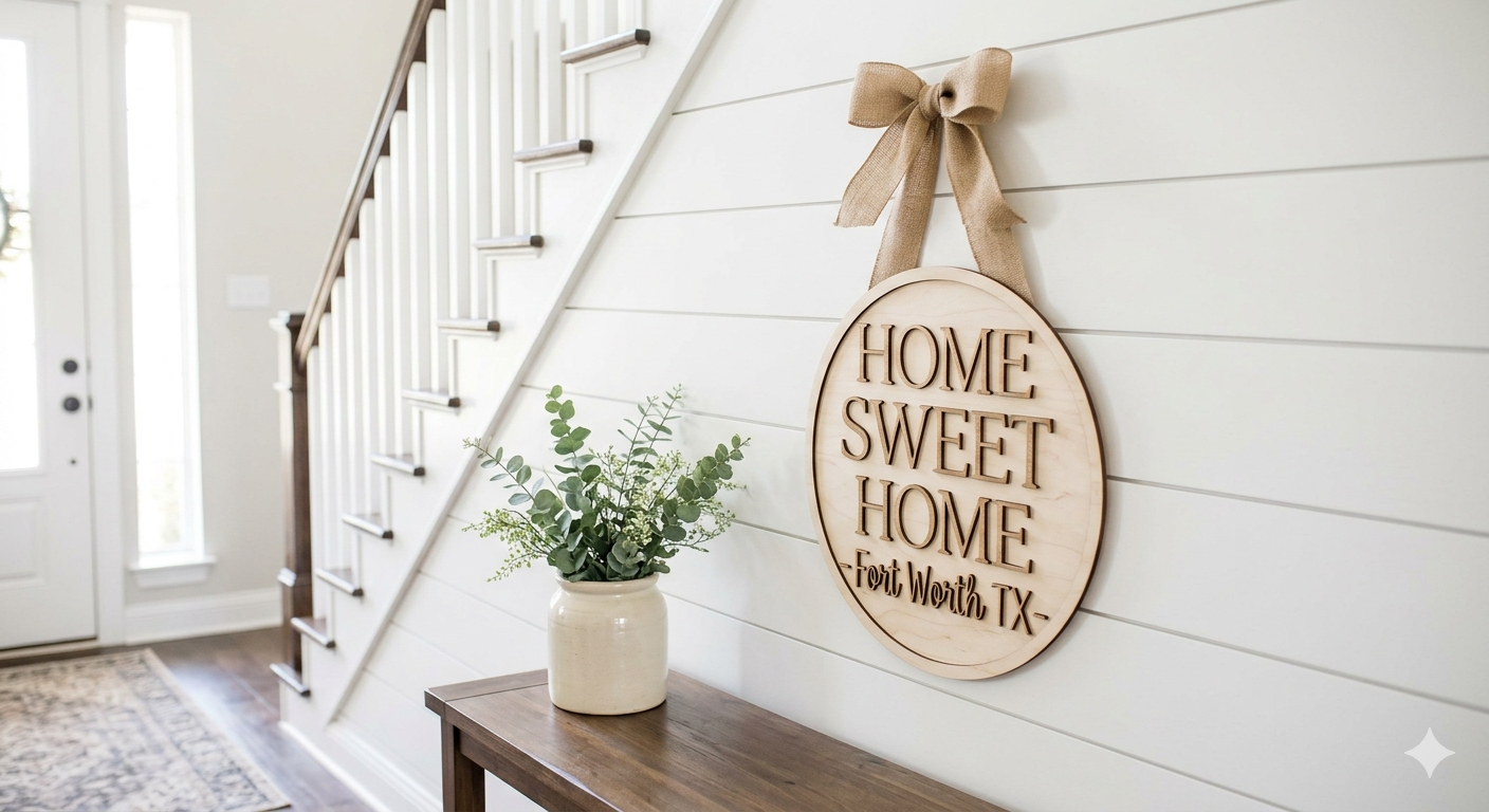 Modern farmhouse entryway staging in Weatherford TX featuring a white shiplap wall and a handmade laser-cut wooden Home Sweet Home sign by Getz It Done Studio with a natural ribbon hanger.