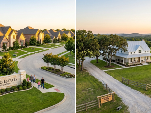 Split-screen comparison of an Aledo TX master-planned neighborhood entrance and a rural Weatherford TX ranch property with a modern farmhouse on 5 acres under a North Texas sunset.