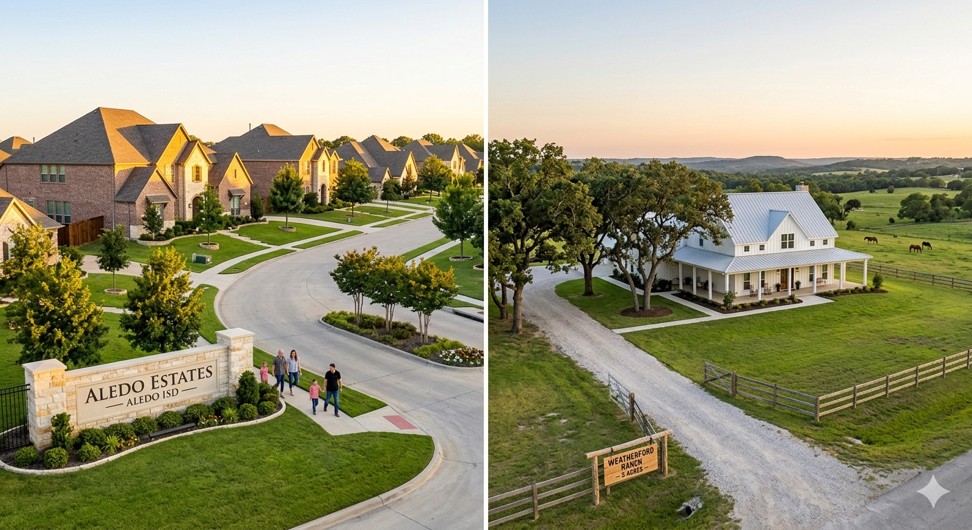 Split-screen comparison of an Aledo TX master-planned neighborhood entrance and a rural Weatherford TX ranch property with a modern farmhouse on 5 acres under a North Texas sunset.