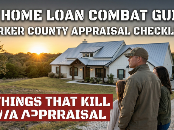 A veteran family standing in front of a modern farmhouse in Parker County, Texas, featuring a VA Home Loan Combat Guide title overlay for Energy Realtors.