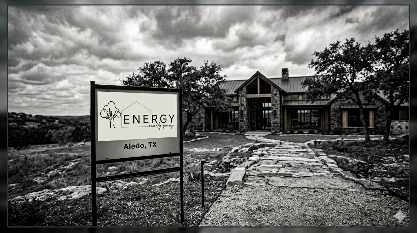 A moody, desaturated black-and-white photograph of a luxurious, rustic-modern ranch-style home in the Aledo, Texas landscape under a dramatic, cloudy sky. In the foreground, a prominent real estate yard sign with a black frame displays the 'Energy Realty Group' logo, which features simple line-art icons of a house and trees above the company name. Text at the bottom of the sign confirms 'Aledo, TX'. The sign is positioned next to a rustic, stone-paved path that leads directly to the house's inviting front entrance. Large oak trees frame the stone structure of the house, which features extensive wood trim and many windows. A dark border frame surrounds the entire image.