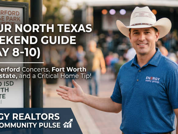 Broker Nick Getzendanner stands at a dynamic community event, presenting a North Texas weekend guide for May 8-10, highlighting events in Fort Worth, Weatherford, Aledo, and critical home maintenance tips.