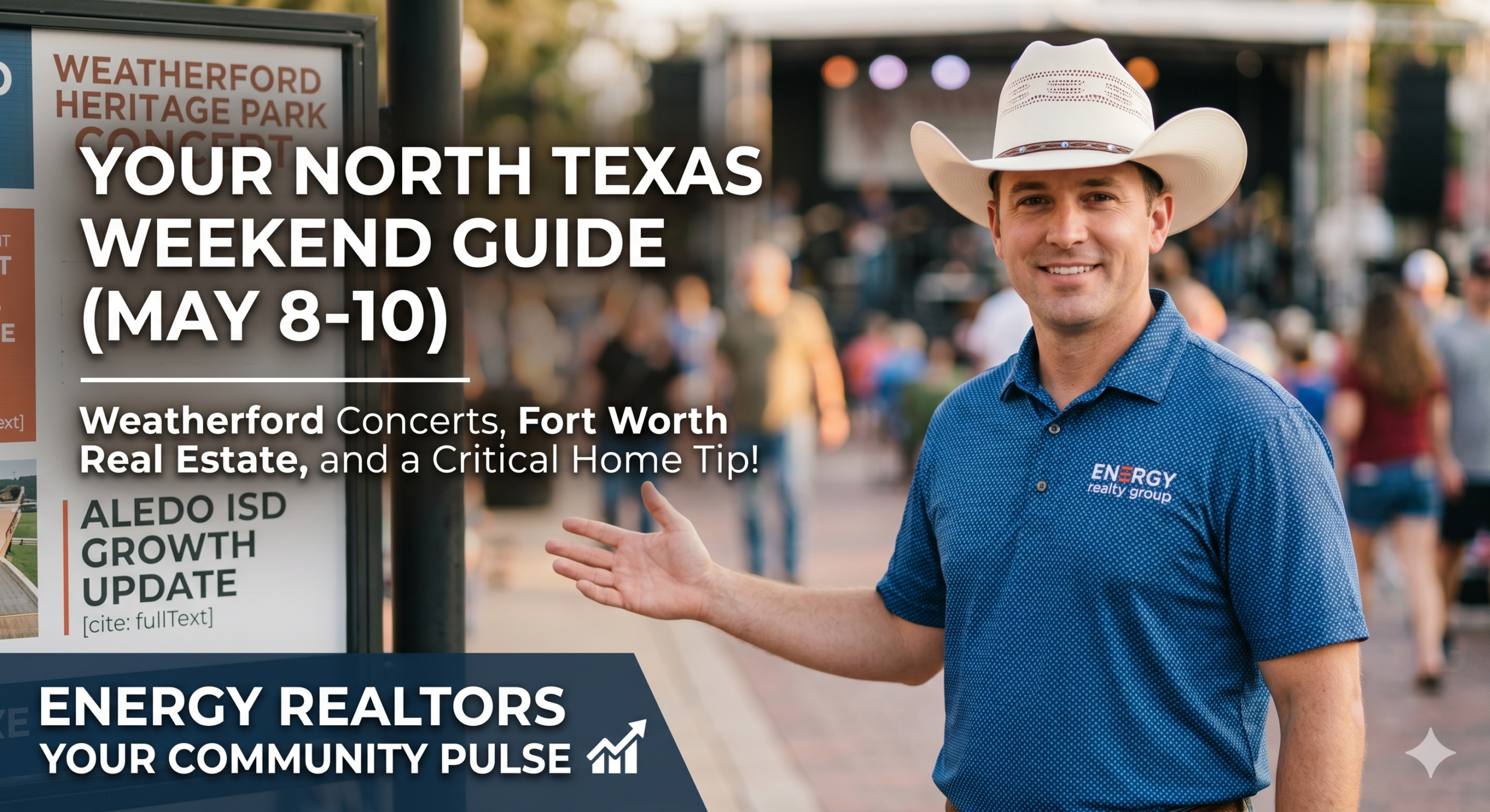 Broker Nick Getzendanner stands at a dynamic community event, presenting a North Texas weekend guide for May 8-10, highlighting events in Fort Worth, Weatherford, Aledo, and critical home maintenance tips.