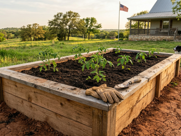 A raised wooden garden bed brimming with rich soil on a Parker County acreage property, showing the contrast against the native North Texas clay soil.