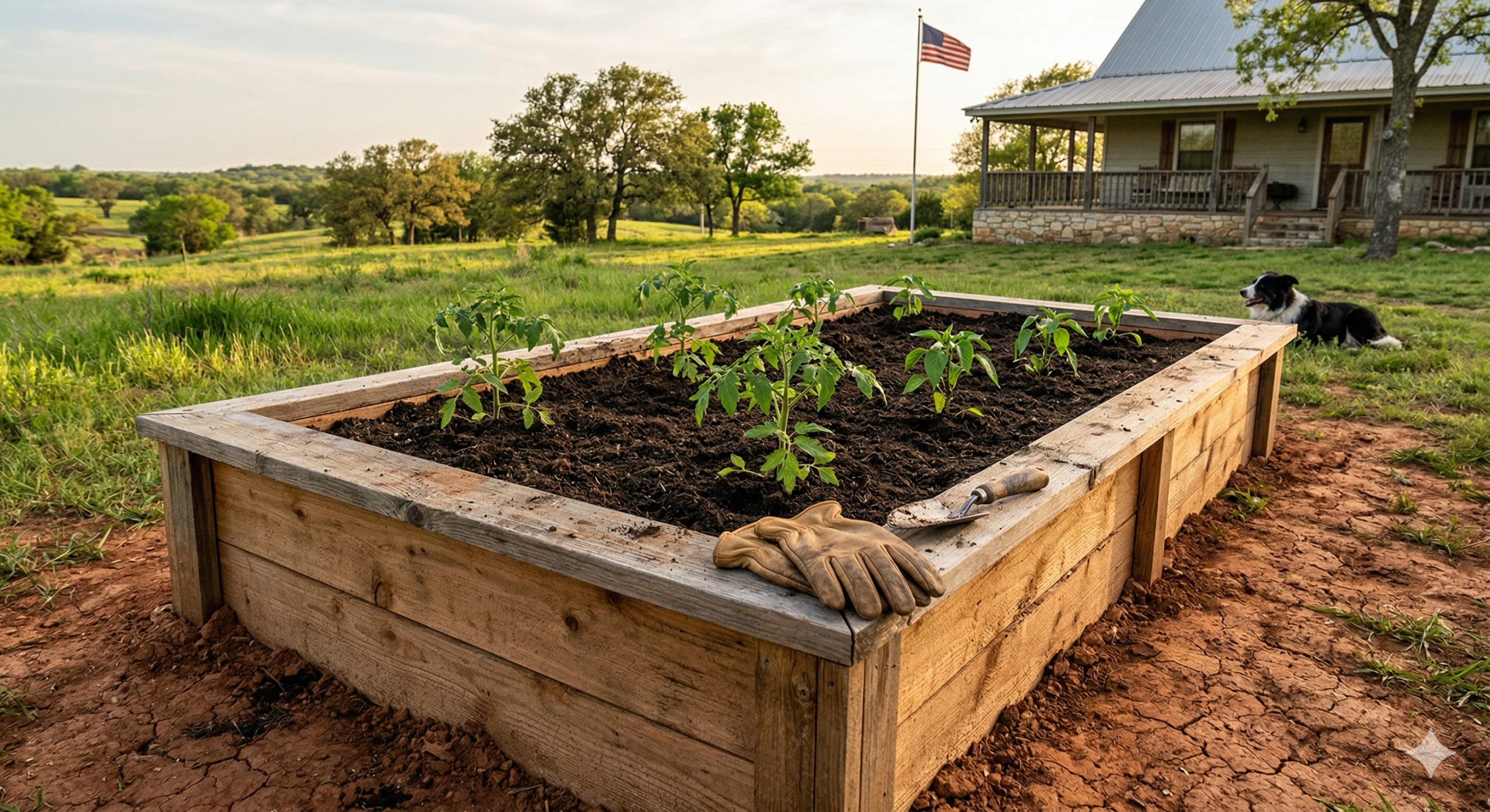A raised wooden garden bed brimming with rich soil on a Parker County acreage property, showing the contrast against the native North Texas clay soil.