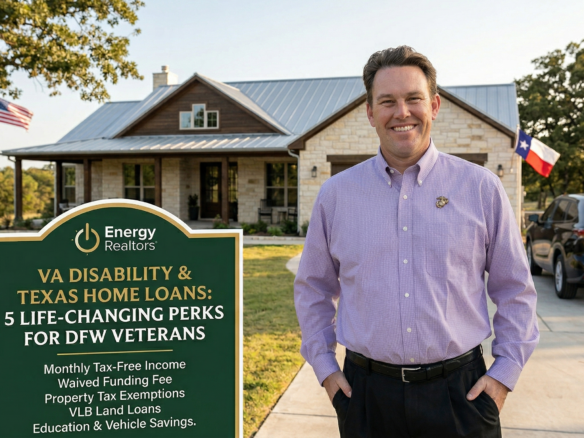 Nick Getzendanner of Energy Realtors in Aledo, Texas, explaining the five main VA Disability home loan benefits and Texas Land Board perks for DFW Veterans.