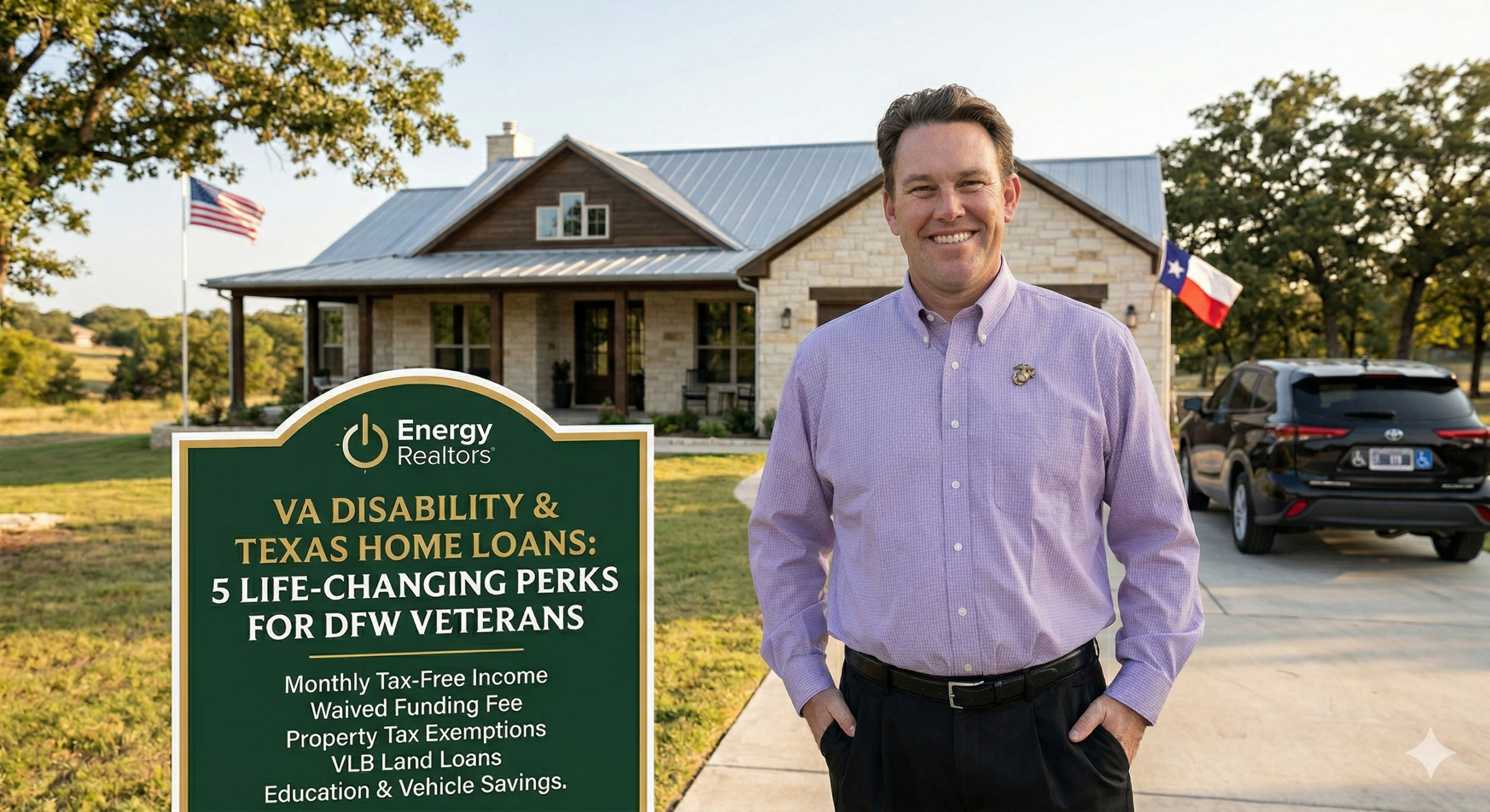 Nick Getzendanner of Energy Realtors in Aledo, Texas, explaining the five main VA Disability home loan benefits and Texas Land Board perks for DFW Veterans.