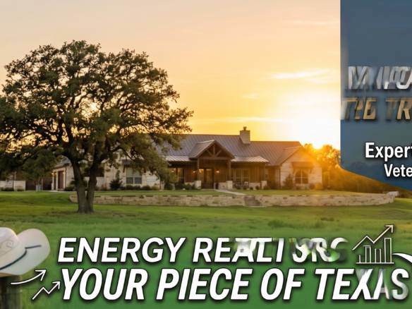 A scenic Texas ranch property at sunset with rolling acreage, featuring branding for Energy Realty Group and Marine Veteran Broker Nick Getzendanner explaining VA loan eligibility for land and homes.
