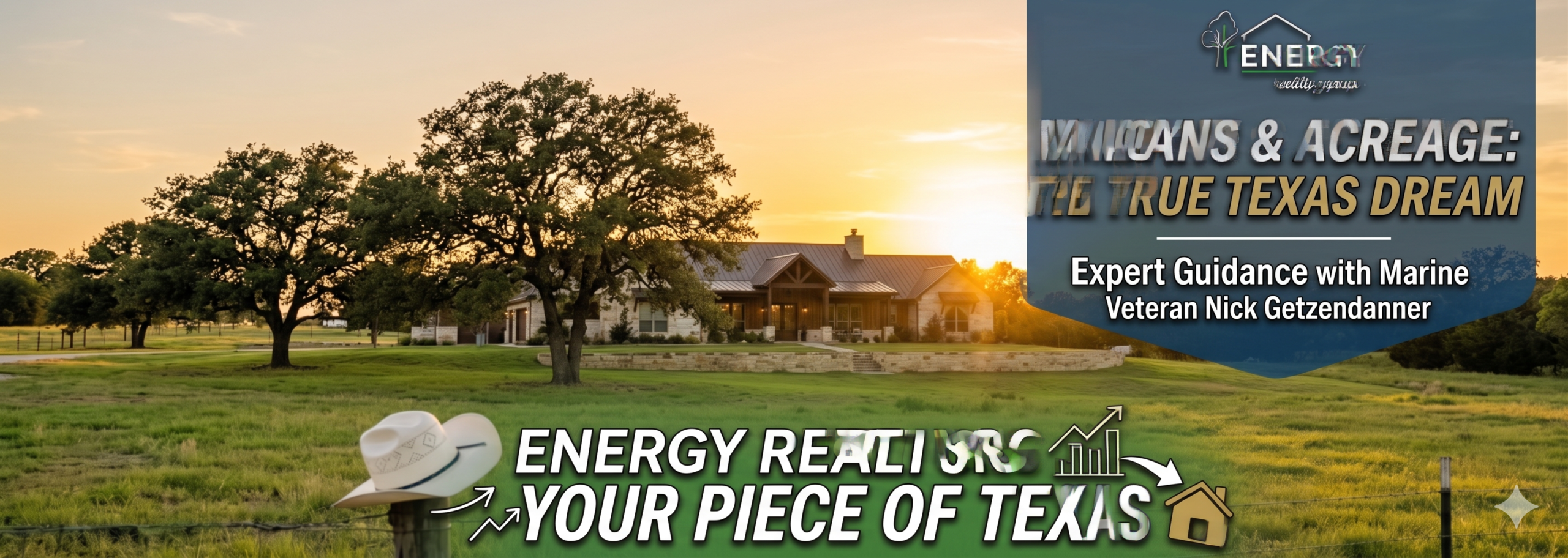 A scenic Texas ranch property at sunset with rolling acreage, featuring branding for Energy Realty Group and Marine Veteran Broker Nick Getzendanner explaining VA loan eligibility for land and homes.