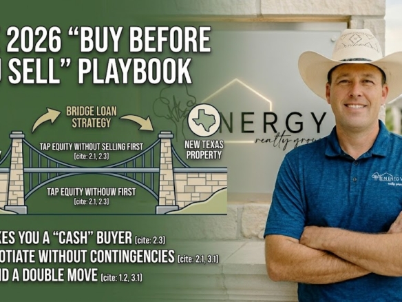 A split-screen real estate infographic featuring broker Nick Getzendanner in a cowboy hat. The left side displays a stylized '2026 Buy Before You Sell' playbook diagram illustrating a bridge loan connecting 'Current Home Equity' to a 'New Texas Property', highlighting benefits like making cash offers and avoiding a double move. The right side shows Nick smiling in front of a modern architectural wall with the backlit ENERGY Realty Group logo.