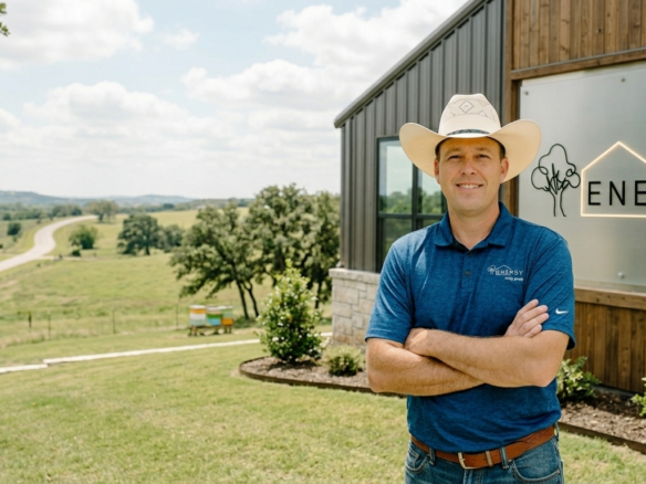 Real estate broker Nick Getzendanner stands confidently on a gentle green slope overlooking rolling hills and a modern barndominium-style home in Parker County. Behind him is the large, backlit logo for ENERGY Realty Group. The image represents the expansive lifestyle of Aledo and Weatherford acreage.