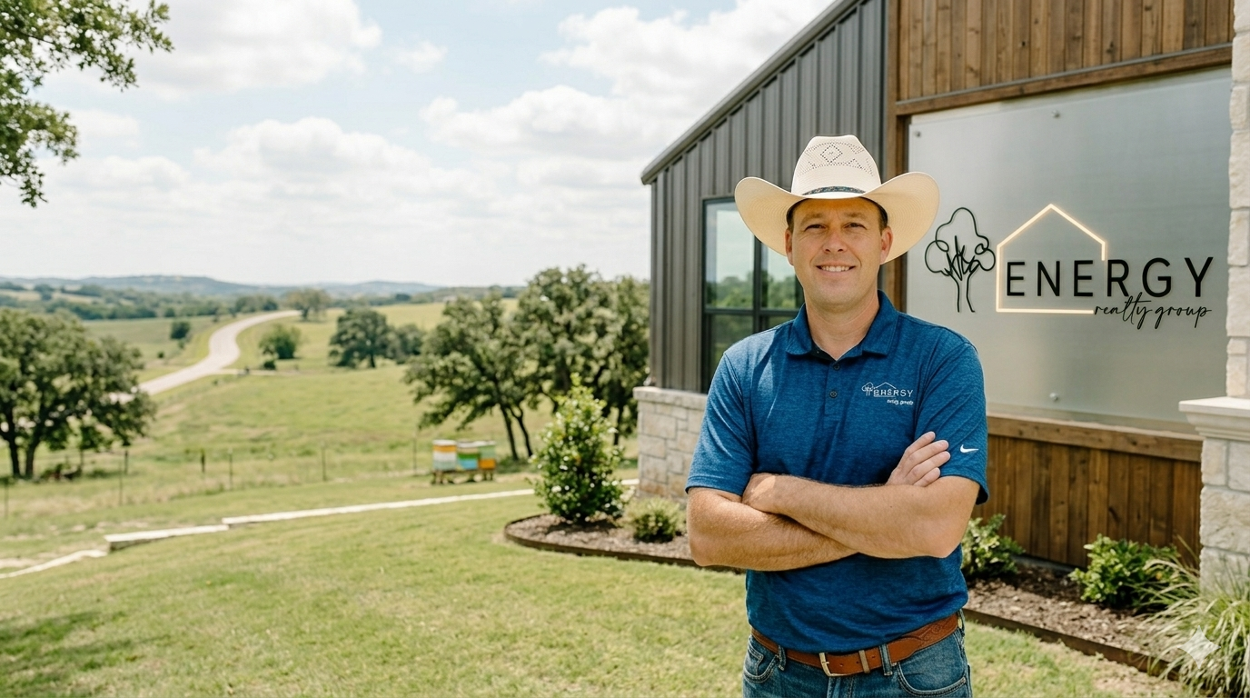 Real estate broker Nick Getzendanner stands confidently on a gentle green slope overlooking rolling hills and a modern barndominium-style home in Parker County. Behind him is the large, backlit logo for ENERGY Realty Group. The image represents the expansive lifestyle of Aledo and Weatherford acreage.