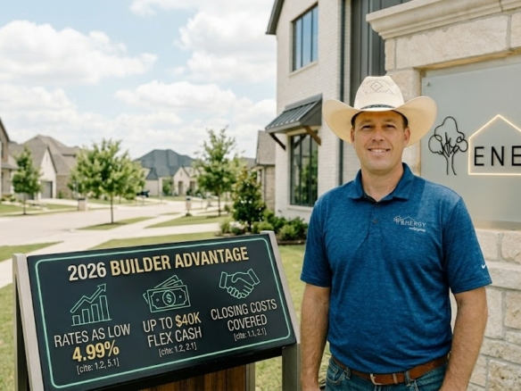 Real estate broker Nick Getzendanner, wearing a cowboy hat, stands in front of a modern Aledo new construction home on a sunny day. Next to him is a sleek, digital display infographic showing '2026 Builder Advantage' data: 'Rates as low as 4.99%', 'Up to $40k Flex Cash', and 'Closing Costs Covered'. The detailed ENERGY Realty Group logo is backlit on a natural stone pillar of the home.