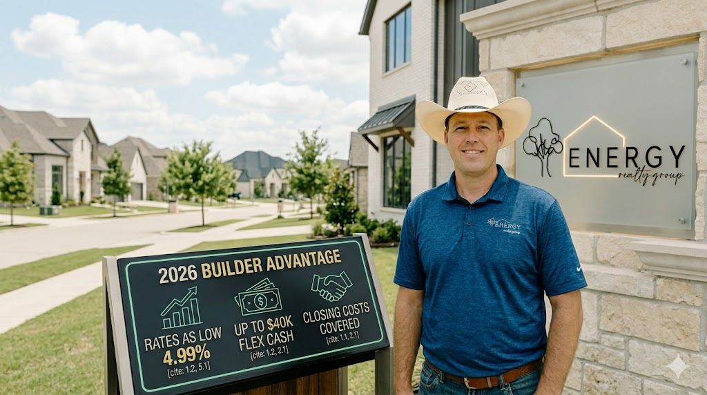 Real estate broker Nick Getzendanner, wearing a cowboy hat, stands in front of a modern Aledo new construction home on a sunny day. Next to him is a sleek, digital display infographic showing '2026 Builder Advantage' data: 'Rates as low as 4.99%', 'Up to $40k Flex Cash', and 'Closing Costs Covered'. The detailed ENERGY Realty Group logo is backlit on a natural stone pillar of the home.