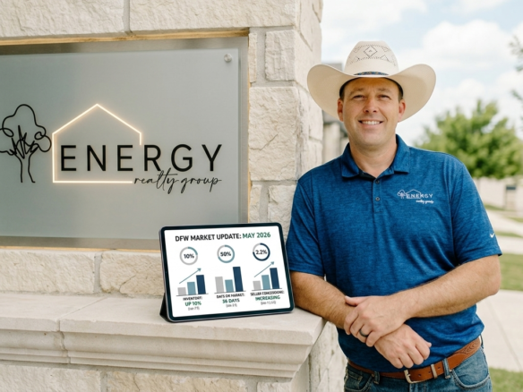 Nick Getzendanner, Broker at Energy Realty Group, standing in front of limestone architecture with a tablet displaying DFW May 2026 market statistics, including inventory growth and seller concessions.
