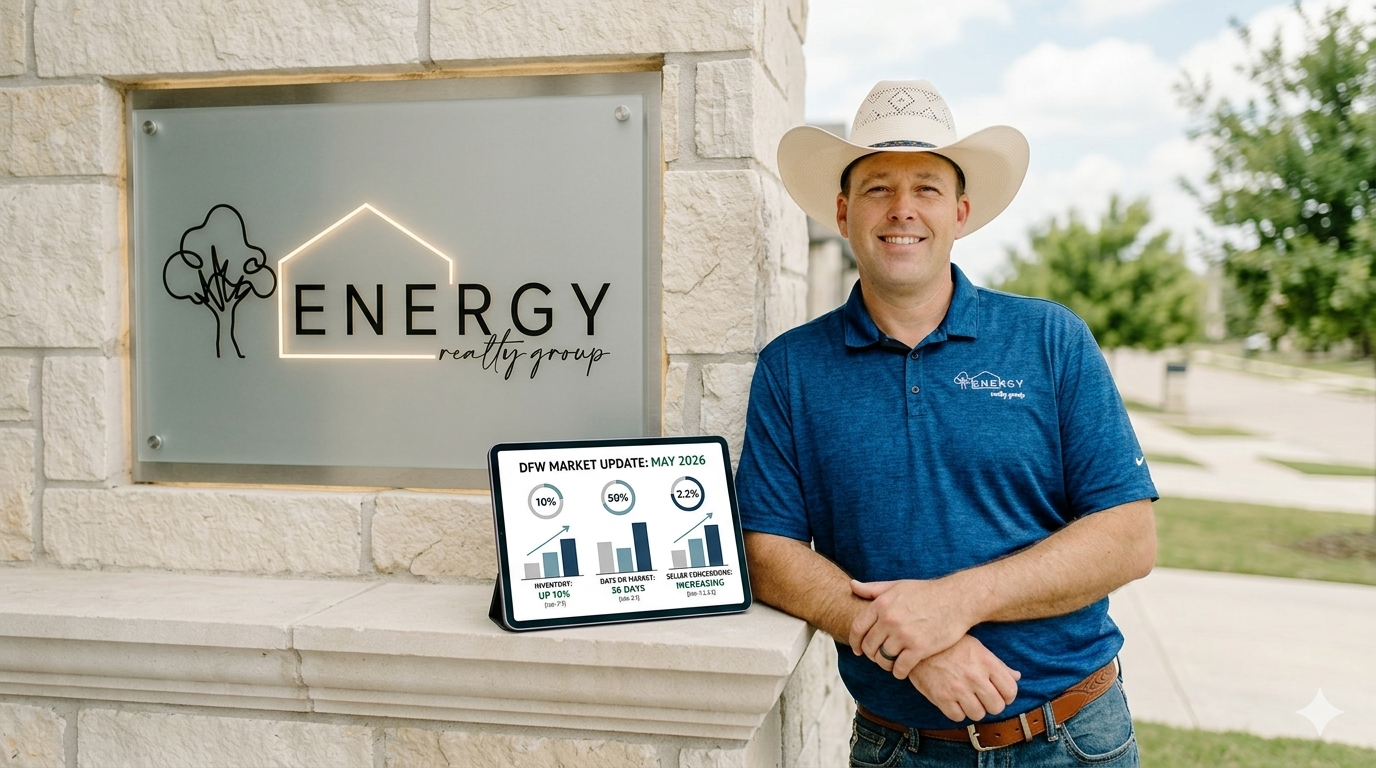 Nick Getzendanner, Broker at Energy Realty Group, standing in front of limestone architecture with a tablet displaying DFW May 2026 market statistics, including inventory growth and seller concessions.