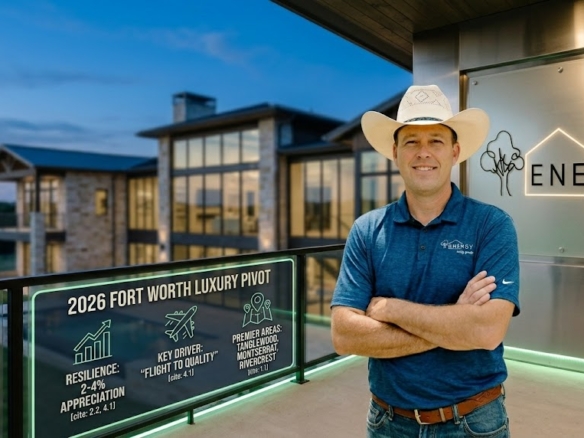 Real estate broker Nick Getzendanner, wearing a cowboy hat, stands on a modern terrace at twilight overlooking a Montserrat estate. An integrated glowing graphic displays '2026 Fort Worth Luxury Pivot' data: 'Resilience: 2-4% Appreciation', 'Key Driver: Flight to Quality', and 'Premier Areas: Tanglewood, Montserrat, Rivercrest'. The 'Energy Realty Group' logo is backlit on a modern wall.