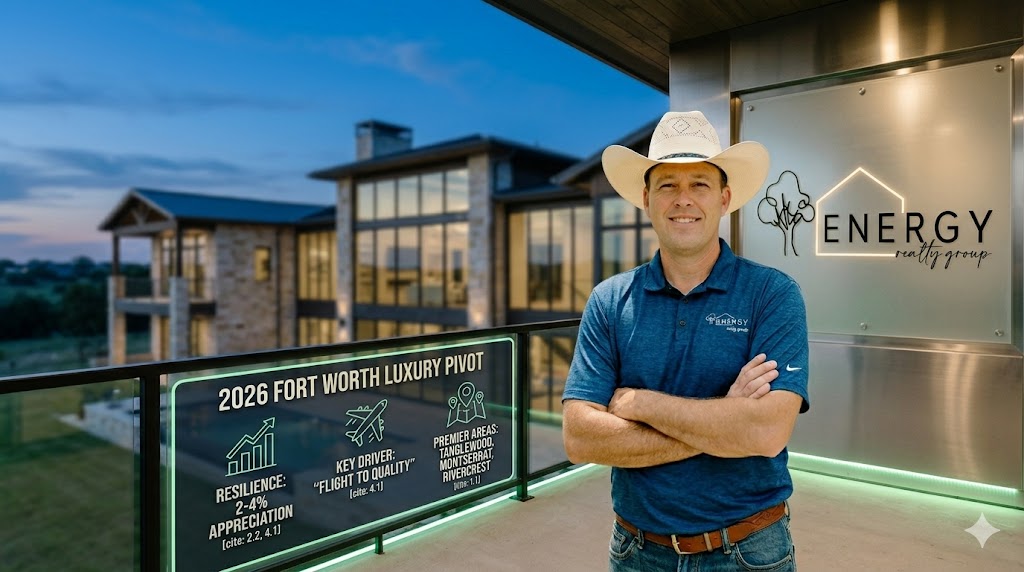 Real estate broker Nick Getzendanner, wearing a cowboy hat, stands on a modern terrace at twilight overlooking a Montserrat estate. An integrated glowing graphic displays '2026 Fort Worth Luxury Pivot' data: 'Resilience: 2-4% Appreciation', 'Key Driver: Flight to Quality', and 'Premier Areas: Tanglewood, Montserrat, Rivercrest'. The 'Energy Realty Group' logo is backlit on a modern wall.