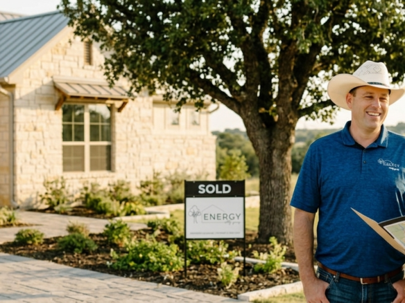 Nick Getzendanner, a Marine Veteran and Broker at Energy Realty Group, wearing a cowboy hat and branded polo, assisting a military couple with relocation documents in front of a new Texas home with a "Sold" sign.