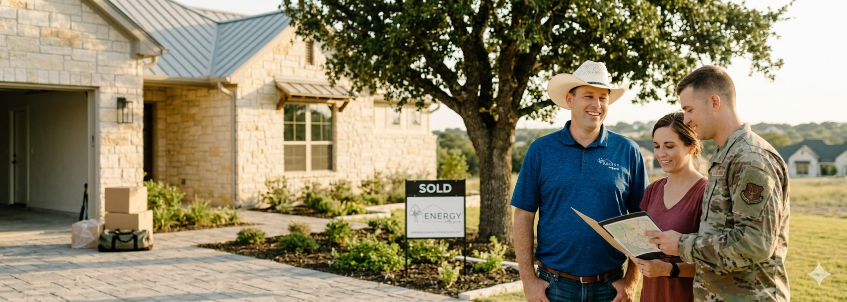 Nick Getzendanner, a Marine Veteran and Broker at Energy Realty Group, wearing a cowboy hat and branded polo, assisting a military couple with relocation documents in front of a new Texas home with a "Sold" sign.
