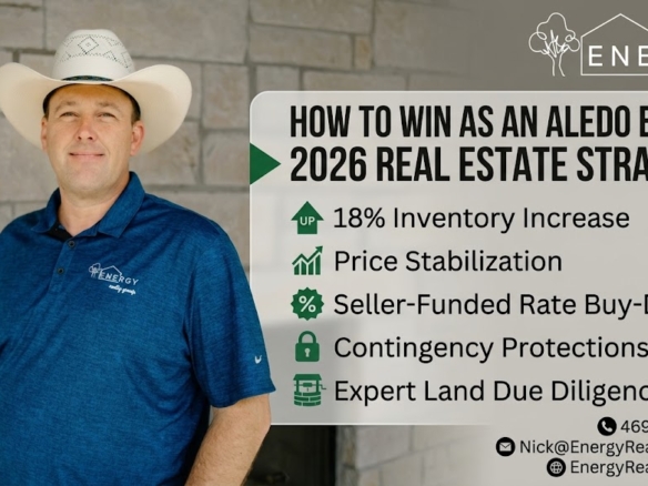 A professional real estate banner featuring Nick Getzendanner, Broker at Energy Realty Group, wearing his white cowboy hat and blue polo shirt against a light Texas stone background. To his right, a clean graphic overlay reads 'HOW TO WIN AS AN ALEDO BUYER' with key bullet points highlighting '18% Inventory Increase' and 'Seller-Funded Rate Buy-Downs'. The official Energy Realty Group white logo is clearly displayed in the corner.
