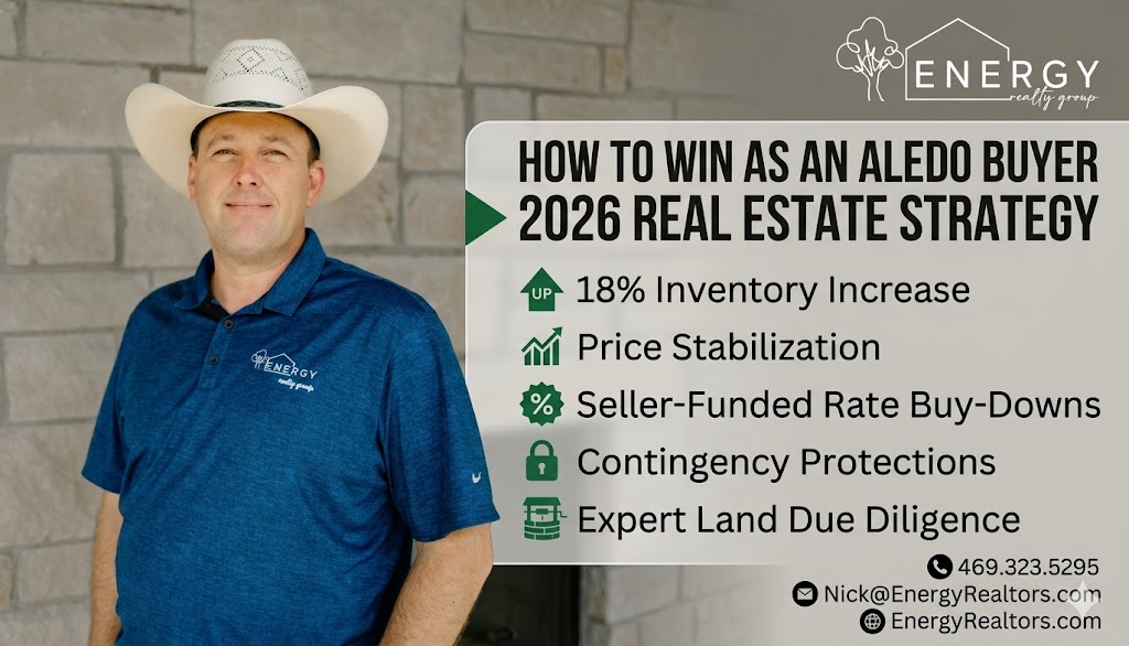 A professional real estate banner featuring Nick Getzendanner, Broker at Energy Realty Group, wearing his white cowboy hat and blue polo shirt against a light Texas stone background. To his right, a clean graphic overlay reads 'HOW TO WIN AS AN ALEDO BUYER' with key bullet points highlighting '18% Inventory Increase' and 'Seller-Funded Rate Buy-Downs'. The official Energy Realty Group white logo is clearly displayed in the corner.