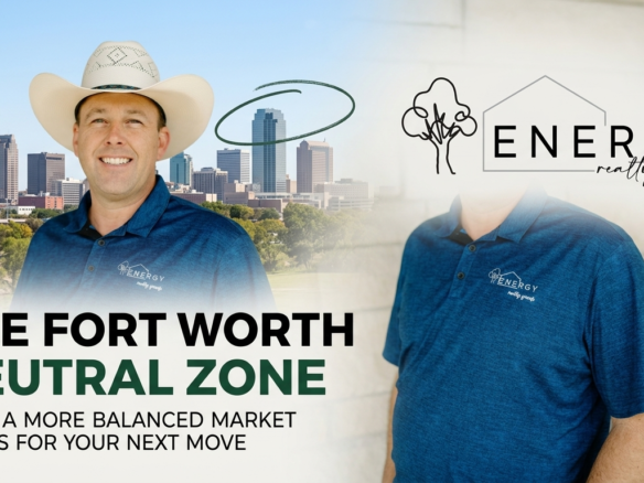 A professional photo of Nick Getzendanner (Energy Realty Group broker), wearing his signature dark blue polo and white cowboy hat , standing confidently against a soft background of the Fort Worth skyline and river park. He is pointing towards a visual graphic overlay that reads 'THE FORT WORTH NEUTRAL ZONE,' with a subtitle 'WHAT A MORE BALANCED MARKET MEANS FOR YOUR NEXT MOVE.' The integrated Energy Realty Group logo and website, as seen in image_0.png, are clearly visible at the top-right and on his shirt pocket. The image blends a clean, modern corporate feel with a direct call to lead generation, perfectly accompanying the market update blog post.