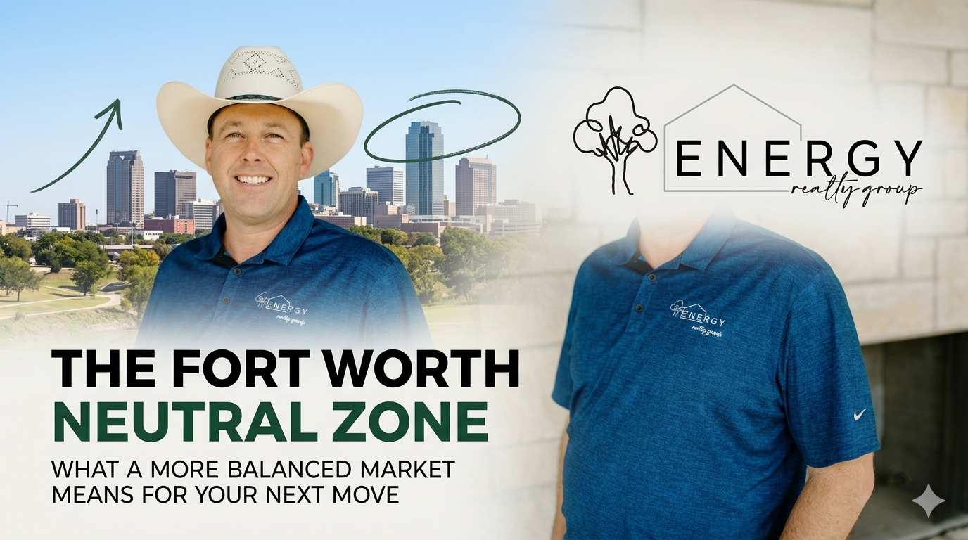 A professional photo of Nick Getzendanner (Energy Realty Group broker), wearing his signature dark blue polo and white cowboy hat , standing confidently against a soft background of the Fort Worth skyline and river park. He is pointing towards a visual graphic overlay that reads 'THE FORT WORTH NEUTRAL ZONE,' with a subtitle 'WHAT A MORE BALANCED MARKET MEANS FOR YOUR NEXT MOVE.' The integrated Energy Realty Group logo and website, as seen in image_0.png, are clearly visible at the top-right and on his shirt pocket. The image blends a clean, modern corporate feel with a direct call to lead generation, perfectly accompanying the market update blog post.