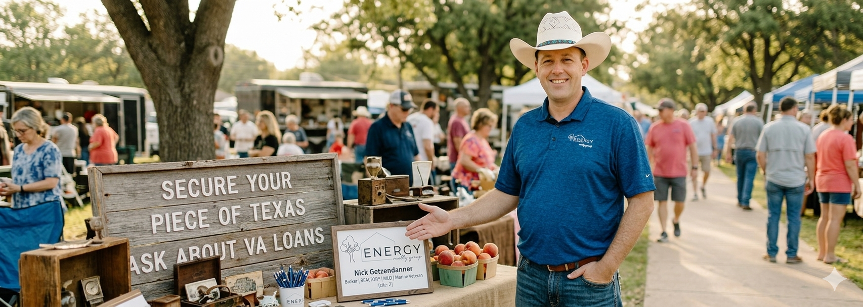 Nick Getzendanner, Broker at Energy Realty Group, hosting a real estate booth at Weatherford First Monday Trade Days in Heritage Park, promoting VA loans and Texas acreage.