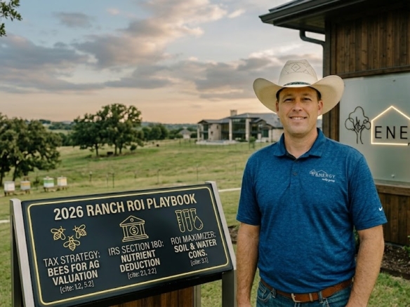 Real estate broker Nick Getzendanner, in a cowboy hat, stands in a expansive Parker County field at twilight. Beside him is a modern information kiosk displaying a '2026 Ranch ROI Playbook' with icons and text: 'Tax Strategy: Bees for Ag Valuation', 'IRS Section 180: Nutrient Deduction', and 'ROI Maximizer: Soil & Water Cons.'. The background shows rolling pastures and a distant Montserrat-style ranch house. The ENERGY Realty Group logo is backlit on the kiosk.