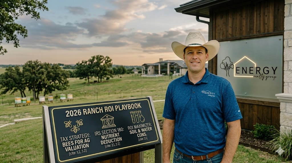 Real estate broker Nick Getzendanner, in a cowboy hat, stands in a expansive Parker County field at twilight. Beside him is a modern information kiosk displaying a '2026 Ranch ROI Playbook' with icons and text: 'Tax Strategy: Bees for Ag Valuation', 'IRS Section 180: Nutrient Deduction', and 'ROI Maximizer: Soil & Water Cons.'. The background shows rolling pastures and a distant Montserrat-style ranch house. The ENERGY Realty Group logo is backlit on the kiosk.