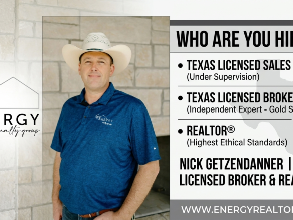 Real estate comparison infographic featuring Texas Licensed Broker and REALTOR Nick Getzendanner of Energy Realty Group, outlining the differences in education, experience, and ethical standards between a sales agent, broker, and REALTOR.