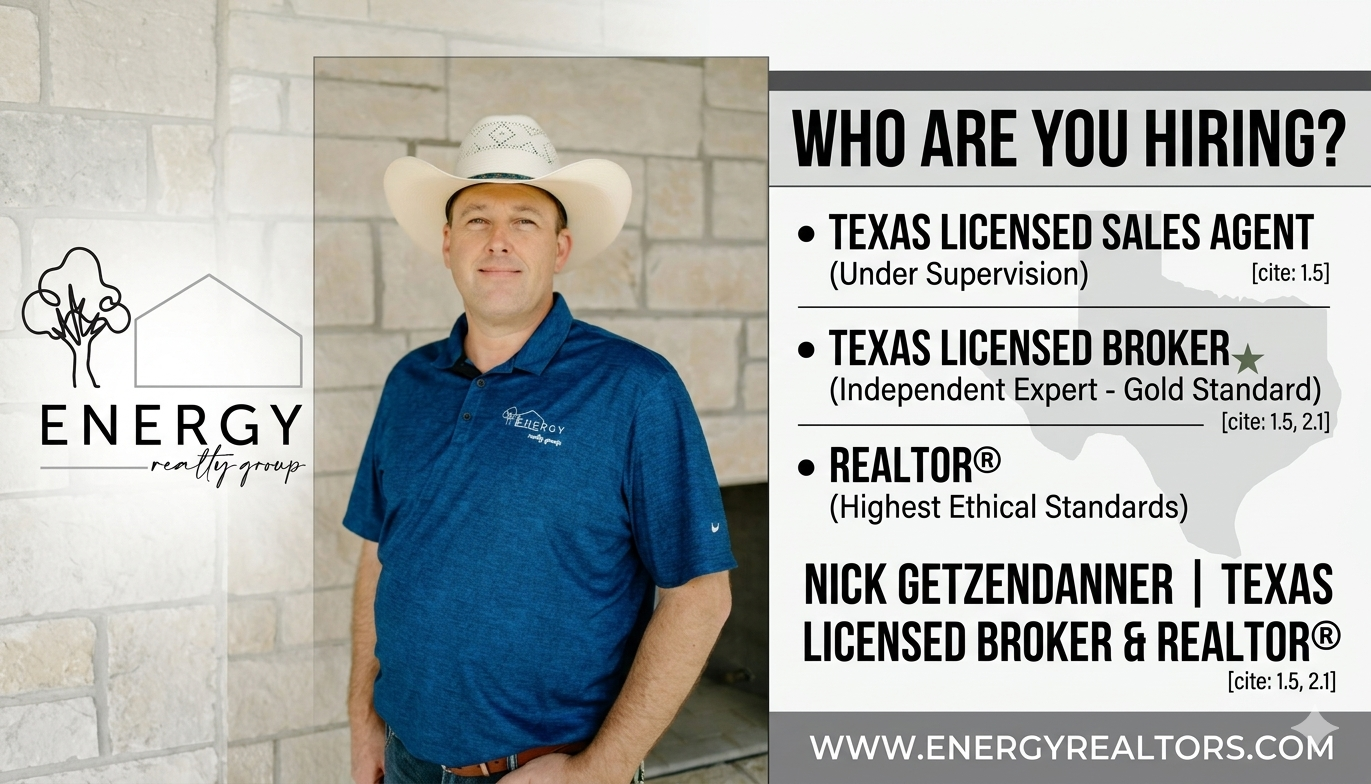Real estate comparison infographic featuring Texas Licensed Broker and REALTOR Nick Getzendanner of Energy Realty Group, outlining the differences in education, experience, and ethical standards between a sales agent, broker, and REALTOR.