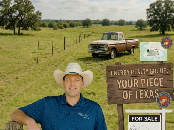 Nick Getzendanner of Energy Realty Group standing in a Texas field, debunking VA loan myths for veterans buying acreage in Fort Worth and Parker County.