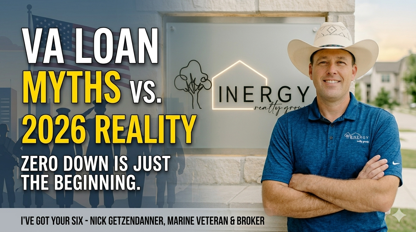 A professional social media graphic showing Marine Veteran and Real Estate Broker Nick Getzendanner. The left side features bold text: 'VA LOAN MYTHS vs. 2026 REALITY,' with a 'Zero Down' tagline, against a stylized, modern Military City USA backdrop. The right side shows Nick smiling and wearing a cowboy hat, standing in front of the 'ENERGY Realty Group' logo.