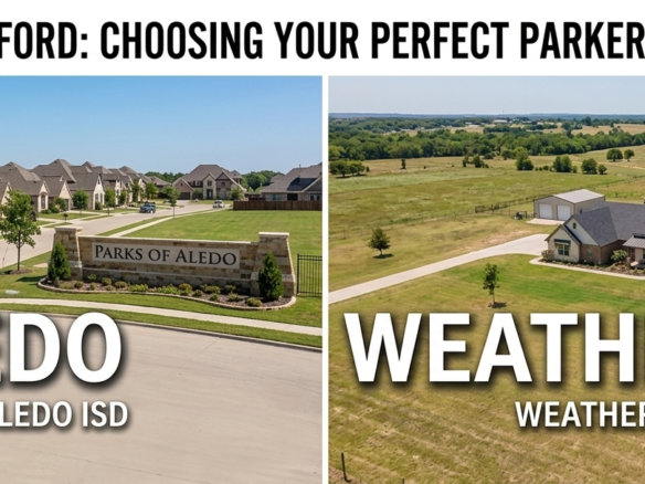 A side-by-side real estate comparison banner titled Aledo vs. Weatherford: Choosing Your Perfect Parker County Homestead. The left panel showcases an upscale master-planned community street lined with high-end custom homes, labeled Aledo Luxury Aledo ISD. The right panel displays a spacious rural homestead on expansive green acreage with a private outbuilding, labeled Weatherford Weatherford ISD. The Energy Realty Group white logo is positioned cleanly in the bottom-left corner, and a professional watermark business card for Managing Broker Nick Getzendanner is embedded seamlessly in the bottom-right corner.