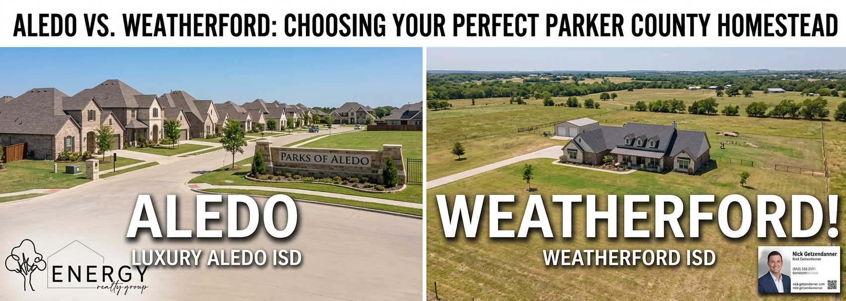 A side-by-side real estate comparison banner titled Aledo vs. Weatherford: Choosing Your Perfect Parker County Homestead. The left panel showcases an upscale master-planned community street lined with high-end custom homes, labeled Aledo Luxury Aledo ISD. The right panel displays a spacious rural homestead on expansive green acreage with a private outbuilding, labeled Weatherford Weatherford ISD. The Energy Realty Group white logo is positioned cleanly in the bottom-left corner, and a professional watermark business card for Managing Broker Nick Getzendanner is embedded seamlessly in the bottom-right corner.