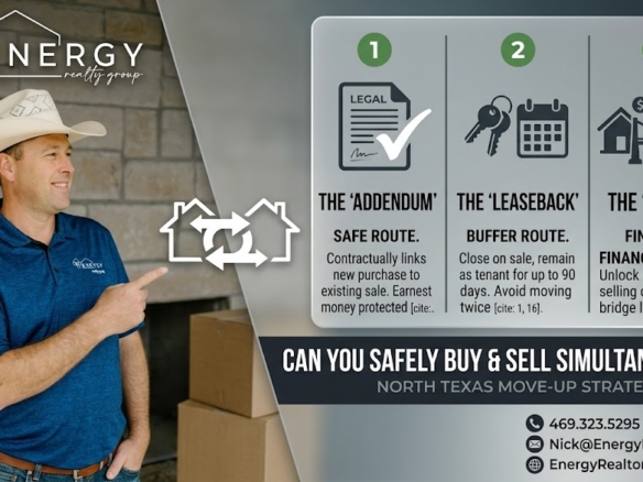 A detailed real estate infographic and banner featuring Marine Veteran and Broker Nick Getzendanner, pointing to a central graphic illustrating three strategic routes—The Addendum, The Leaseback, and The Bridge—for North Texas families asking, 'Can You Safely Buy and Sell Simultaneously?' The Energy Realty Group logo and website are clearly visible in the Corner.