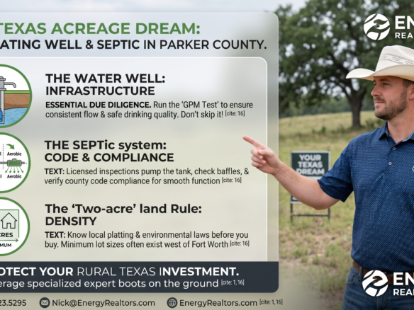 A detailed real estate infographic banner titled 'The Texas Acreage Dream: Navigating Well & Septic in Parker County.' It features Broker Nick Getzendanner in a white cowboy hat pointing out three critical land due diligence steps: 1) The Water Well Infrastructure, 2) The Septic System Code & Compliance, and 3) The Two-Acre Land Density Rule. The Energy Realty Group logo and company contact info are cleanly displayed.