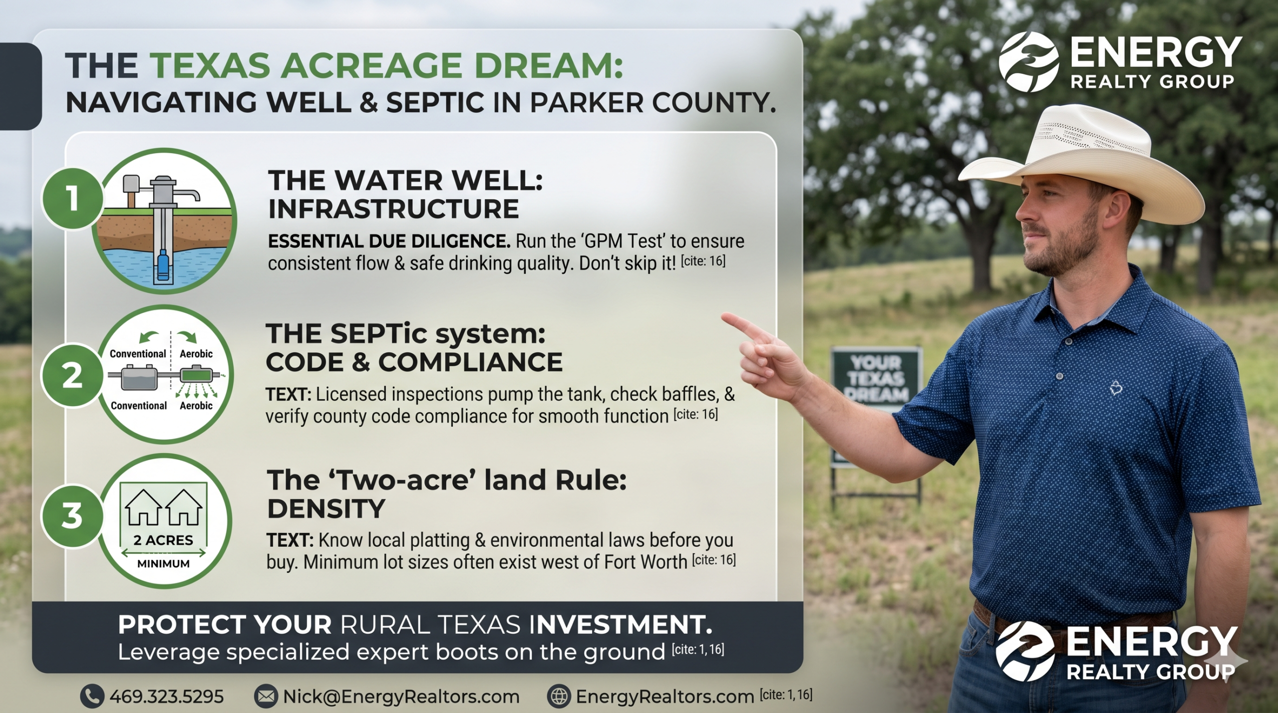 A detailed real estate infographic banner titled 'The Texas Acreage Dream: Navigating Well & Septic in Parker County.' It features Broker Nick Getzendanner in a white cowboy hat pointing out three critical land due diligence steps: 1) The Water Well Infrastructure, 2) The Septic System Code & Compliance, and 3) The Two-Acre Land Density Rule. The Energy Realty Group logo and company contact info are cleanly displayed.
